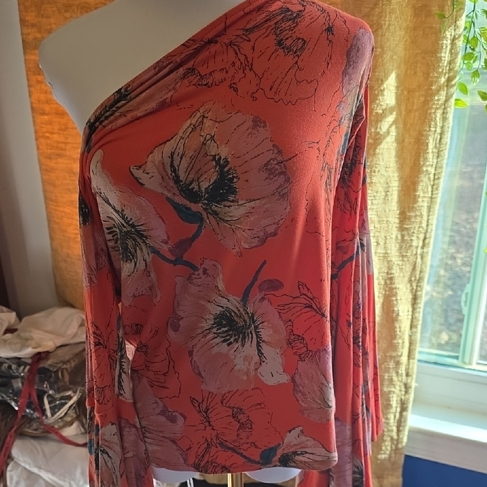 We The Free Coral Floral One-Shoulder Blouse